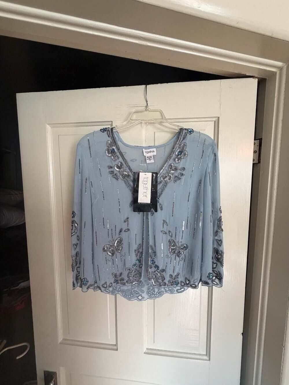 Together Light Blue Butterfly Sequin and Beaded Evening Jacket